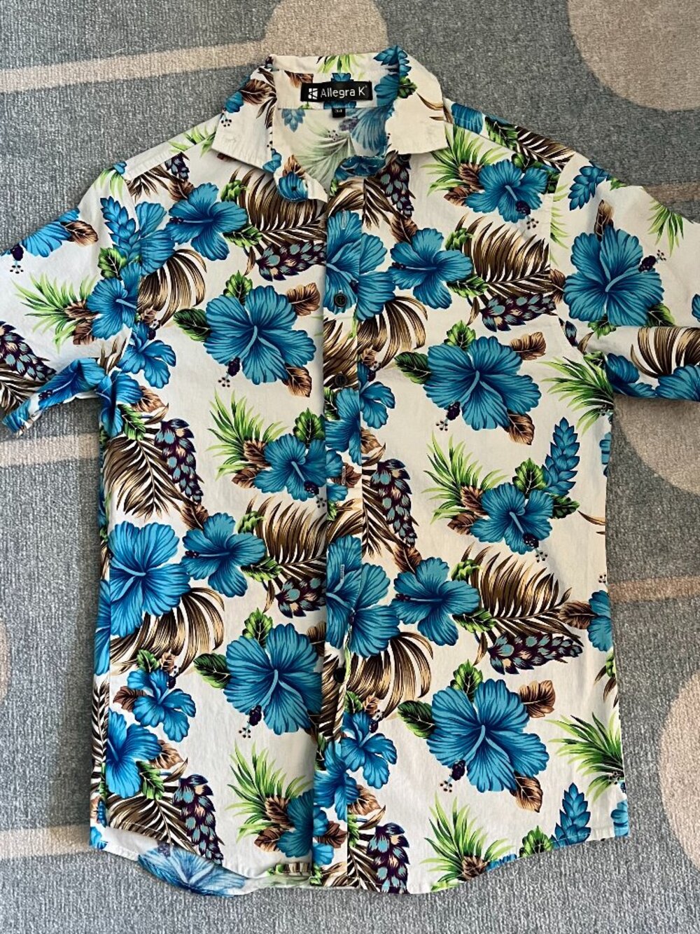 Allegra K Men's Blue & White Hawaiian Button-Down Shirt